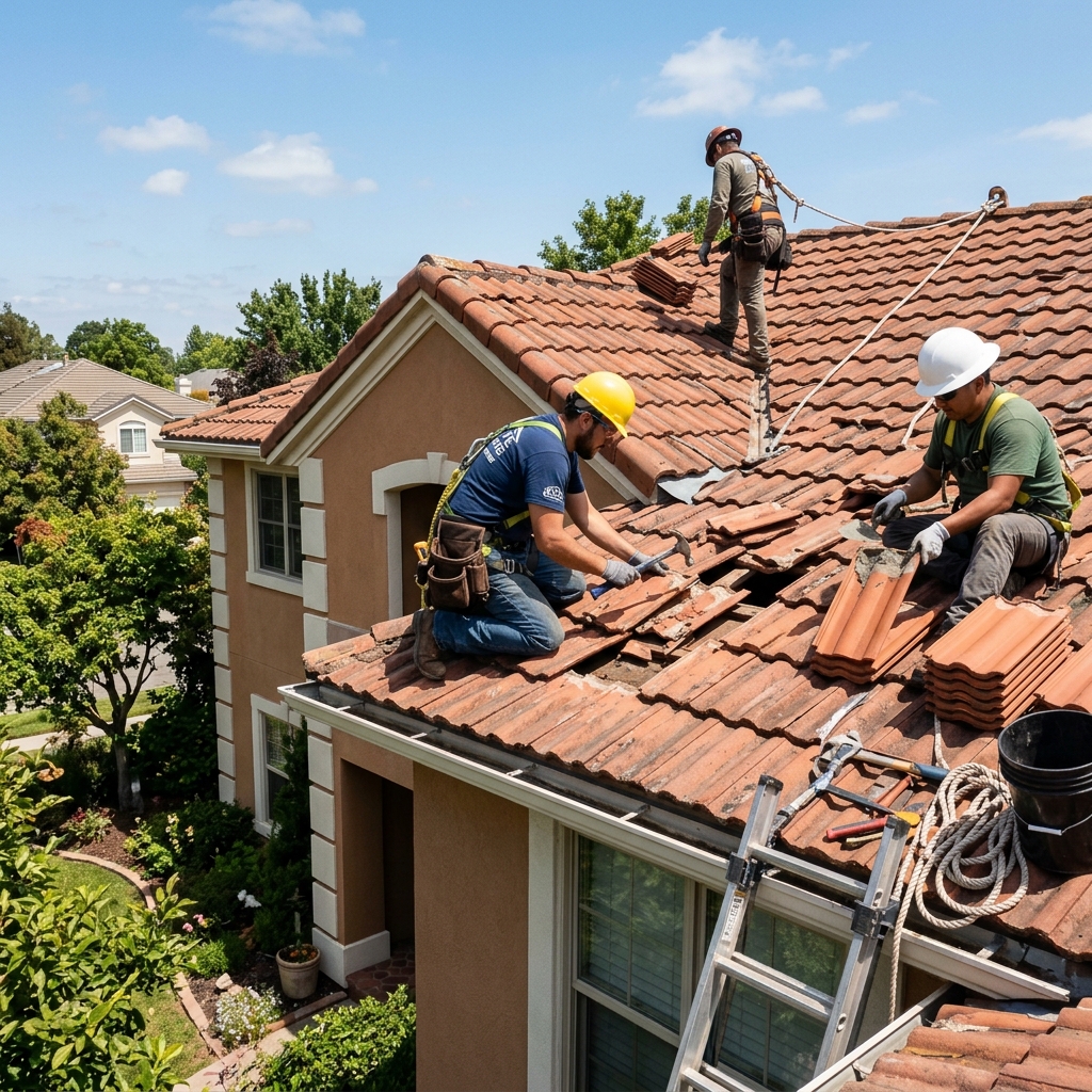 Dachreparatur – Handwerker bei der Arbeit